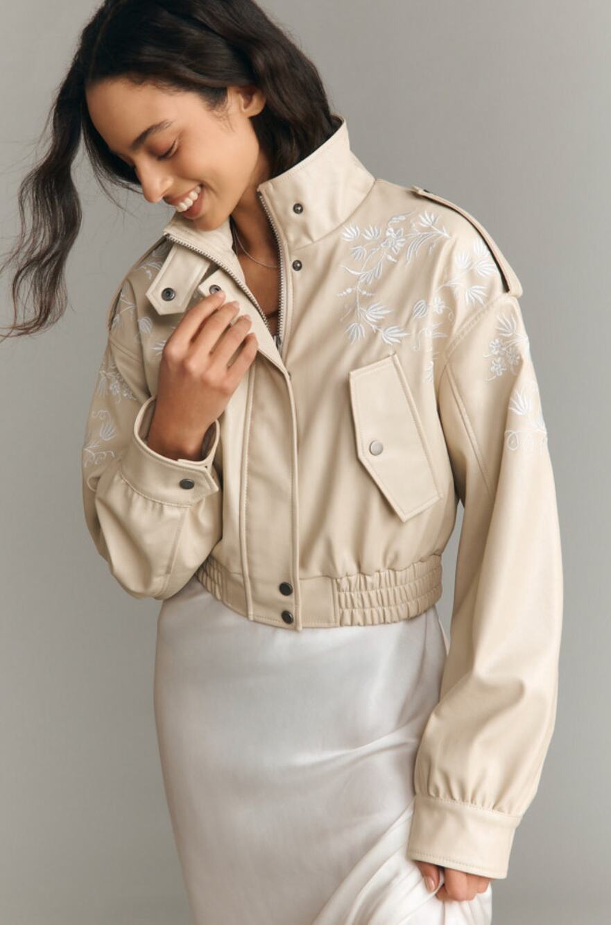 ANTHROPOLOGIE 80's Vegan Leather Cropped Jacket in Cream Size Medium